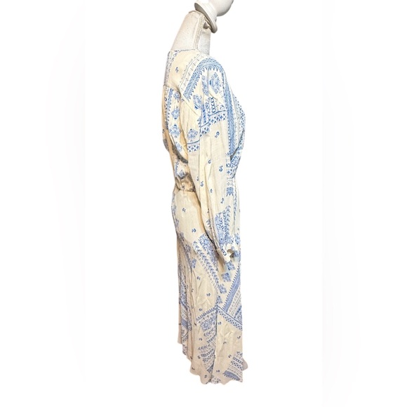 Ba&Sh Ines Printed Midi Dress in Cream and Blue Viscose - Picture 3 of 7